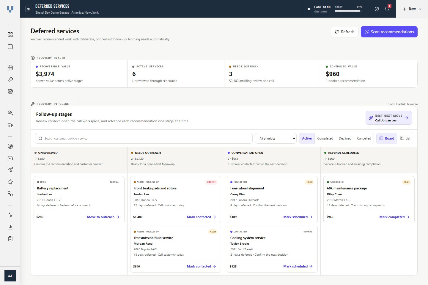 VehicleDesk deferred service pipeline with synthetic demo service records