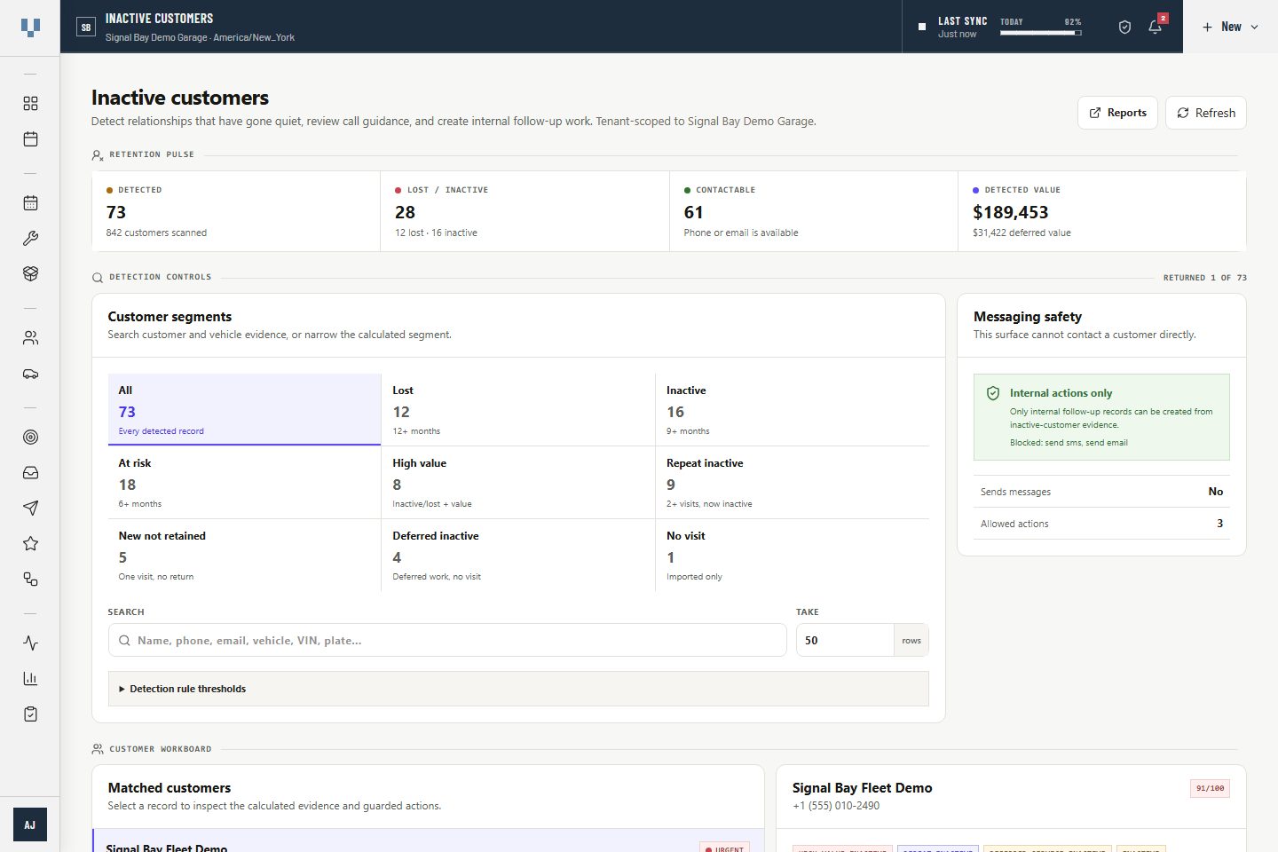VehicleDesk inactive-customer workspace with synthetic relationship and next-action evidence