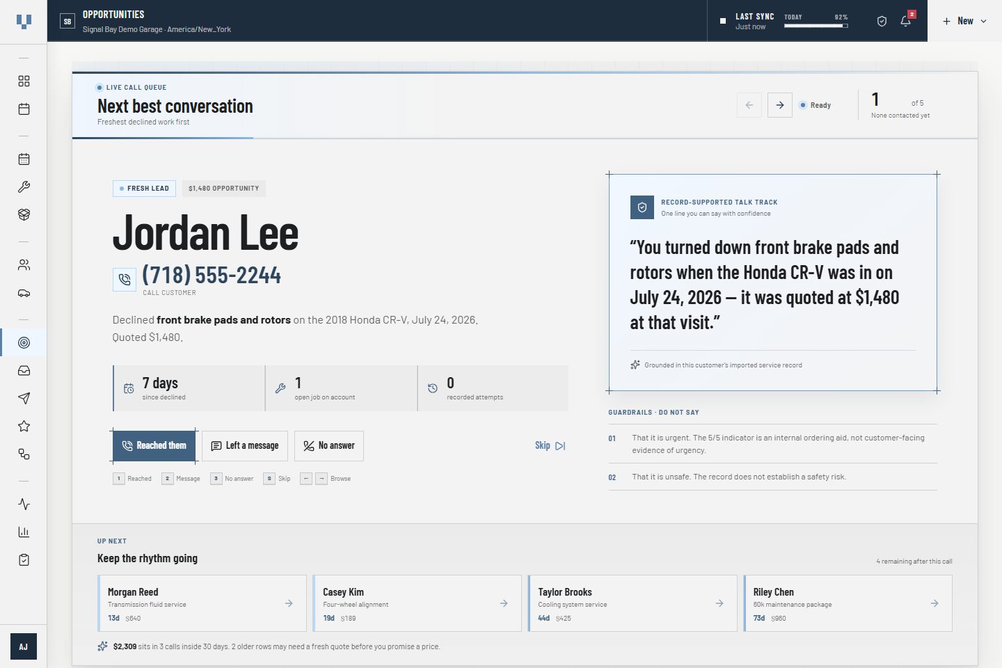 VehicleDesk Opportunity Hub call list with synthetic customers and explainable signals
