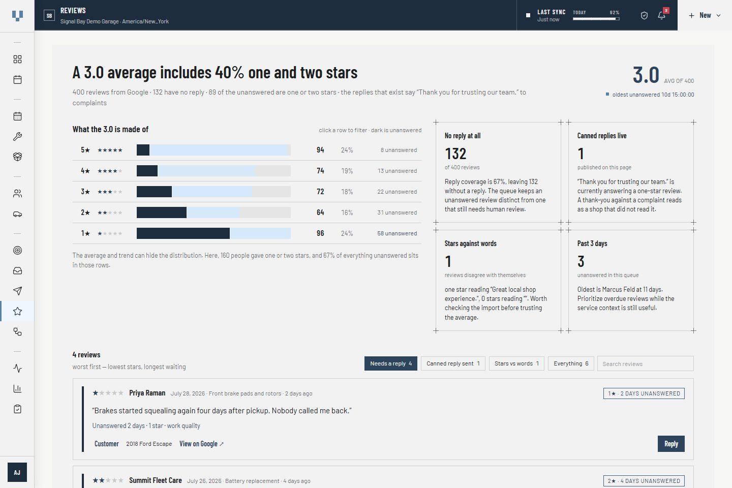 VehicleDesk reviews preview with synthetic ratings, triage, reply state, and mismatch checks