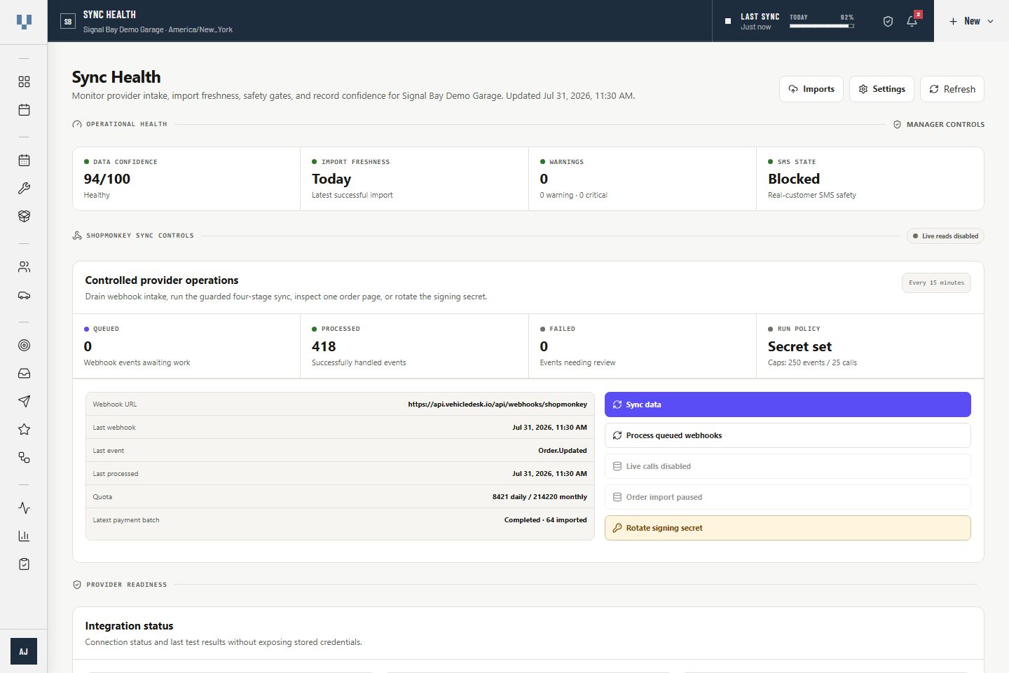 VehicleDesk Sync Health page with synthetic integration and data-confidence status